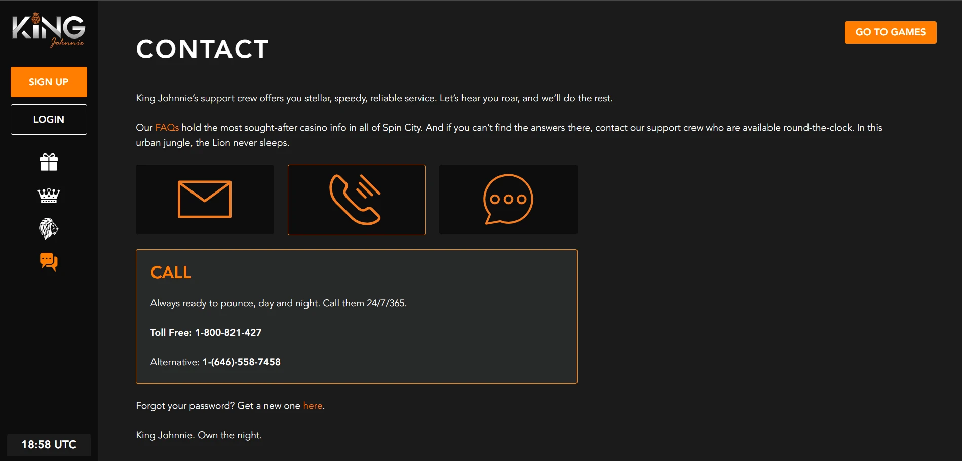King Johnnie support chat and contact options