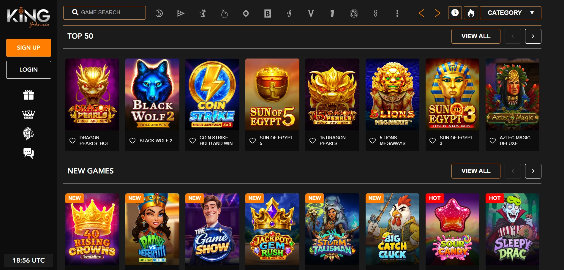 King Johnnie game lobby with pokies and live casino icons